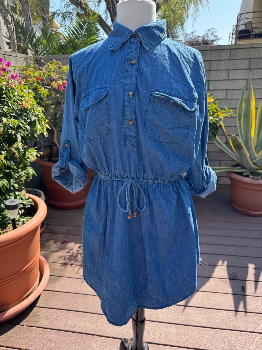 100% Cotton Denim Shirt Dress with Drawstring Waist - Blue size L/XL